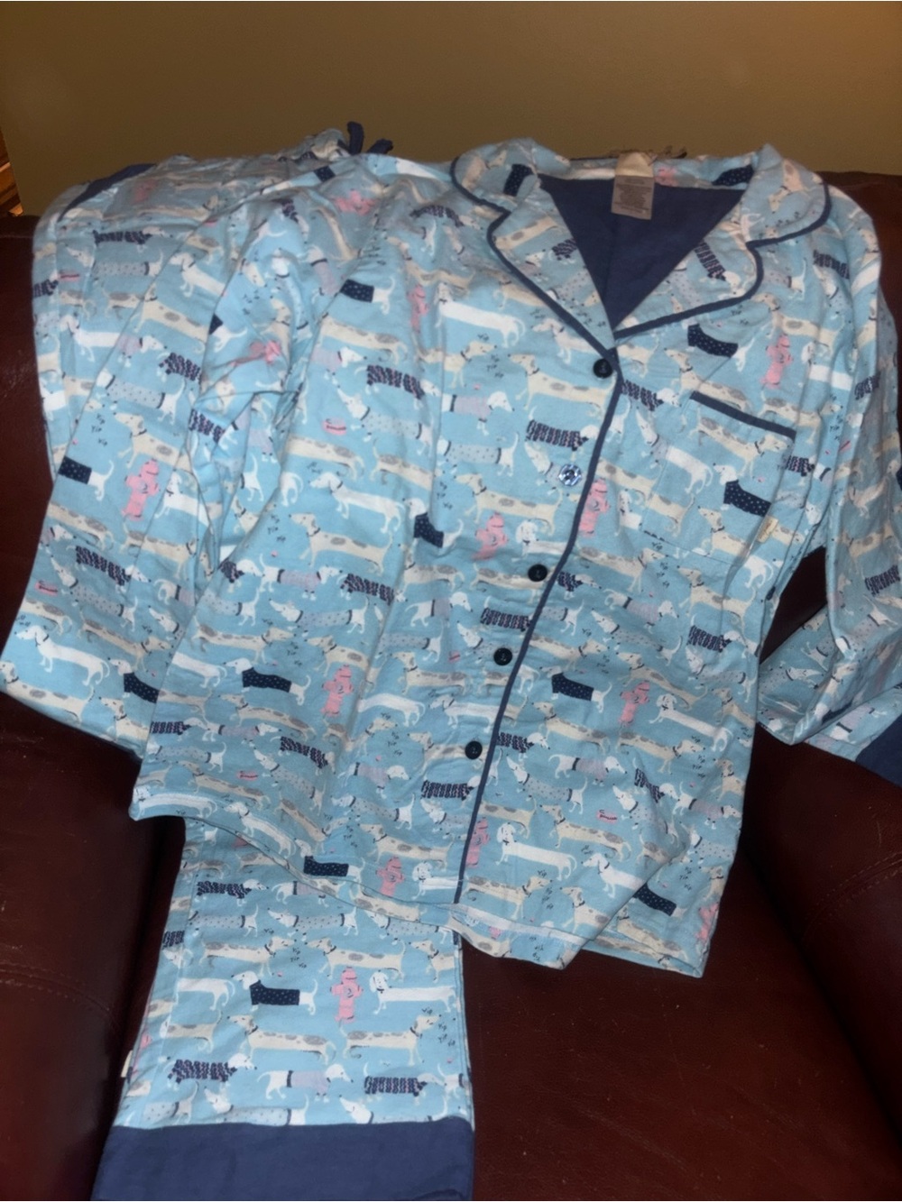 Light Blue Womens FlannelPajama Set with Dachshund Print